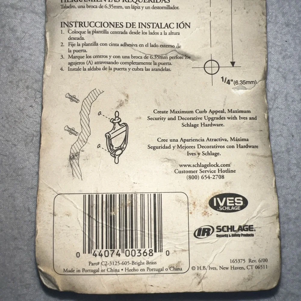 Ives SCHLAGE Solid Brass Door Knocker C2-3102-605 Brass Door Hardware New